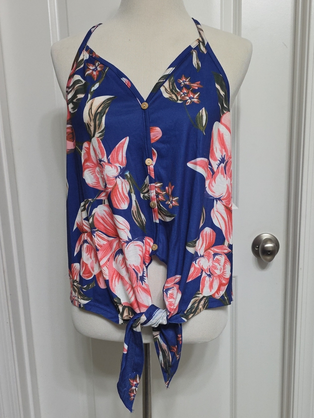Berryou L Darling Royal Blue Floral Button-Front Tie Halter Camisole